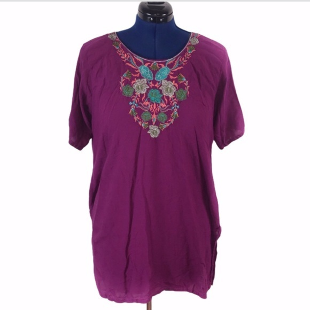 Argentinian XXL purple floral embroidery scoop neck short sleeve 100% cotton top